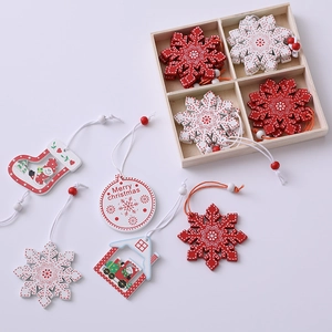 3D wooden Christmas tree ornaments set with red and white snowflake and cabin designs