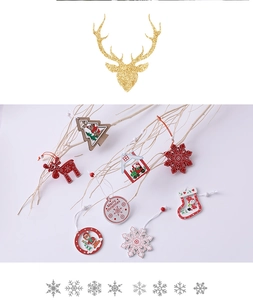 Macro view of assorted Christmas wooden pendants with reindeer and snowflake details