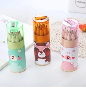 Detail of creative 12-color pencils in tube with sharpener lid and cute animal patterns
