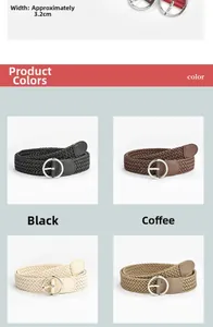 Detail view of woven wax rope belts in four colors with 3.2cm width and round metal buckle