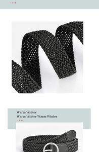 Close-up of black braided belt detail with metal D-ring buckle and high-quality leather tip