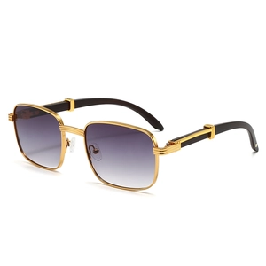 Vintage square sunglasses with gold metal frame, gradient lenses and wood grain temples