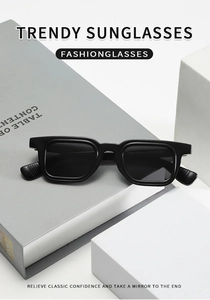 Macro shot of thick square black sunglasses frame with model YT7718 on the inner temple