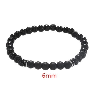 6mm matte and polished black stone beaded bracelet with silver striped accents for men