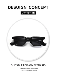 Detail showing high-quality black rectangular sunglasses with UV protection lenses