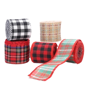 Five rolls of 6cm faux linen Christmas ribbons with various festive plaid patterns