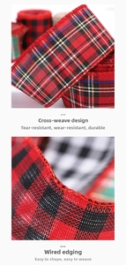 Macro shot of red and black buffalo plaid Christmas ribbon with wired edges for DIY crafts