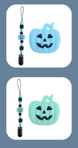 Halloween silicone pacifier clip set with pumpkin teether in blue and mint green colors