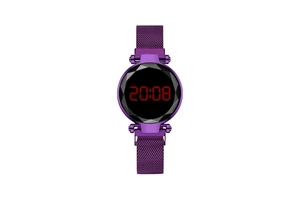 Detail view of purple LED digital watch with Milanese magnetic strap and faceted crystal