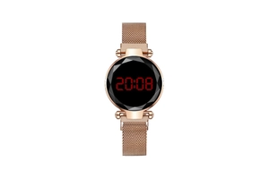 Detail of rose gold mesh band and black round dial with red LED digital time display