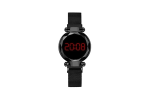 Detail of women's black LED digital watch with crystal bezel and Milanese magnetic band