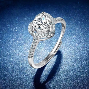 Macro shot of S925 sterling silver stamp and heart-shaped halo ring details