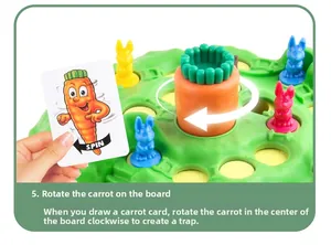 Close-up of Rabbit Trap board game showing rabbit pieces and spinning carrot mechanism