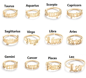 Grid view of twelve zodiac sign gold adjustable rings in a minimalist vintage style