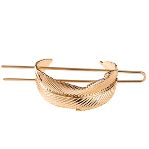 Elegant gold metal feather hair stick with double prongs for women bun hairstyles