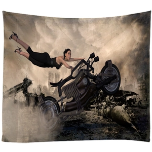 3D rendered steampunk wall tapestry featuring a sci-fi female rider and apocalyptic ruins