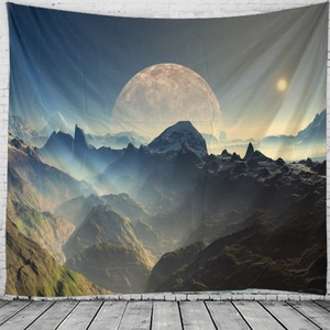 Maquette murale d'une tapisserie spatiale 3D avec lune, étoiles et montagnes enneigées