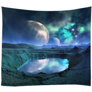 3D starry moon galaxy wall tapestry featuring sci-fi alien landscape with huge planets