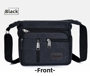 Detailed front view of black canvas crossbody tool bag with multiple zipper pockets