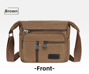 Detailed front view of brown canvas shoulder bag with multiple zippered pockets and logo