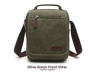 Front view of army green canvas messenger bag showing texture and leather zipper puller
