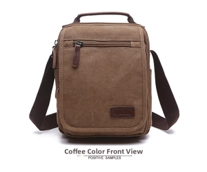 Front view of coffee brown canvas crossbody bag with multiple pockets and top handle