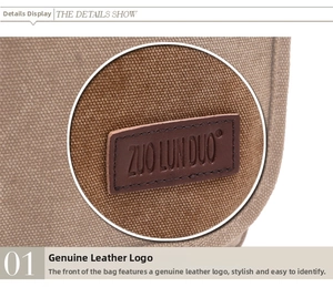 Detail view of the ZUO LUN DUO embossed leather logo on the premium canvas shoulder bag