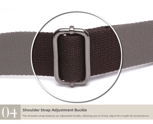 Detail of adjustable shoulder strap with dark grey metal buckle on canvas bag