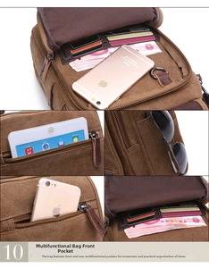 Detail view of brown canvas messenger bag showing multiple zipper pockets and card slots