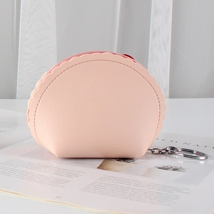 Cute strawberry pink semicircular coin purse with lychee grain and metal keychain