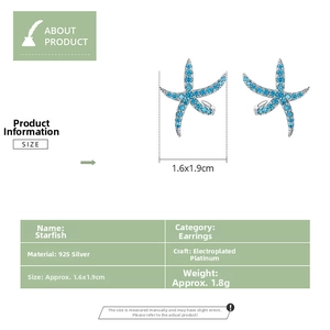 Detail view of 925 sterling silver starfish stud earrings with blue zircon and size specs