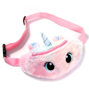 Pink rainbow unicorn plush waist bag for girls with adjustable strap and cute eyes