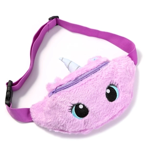 Detail of cute purple plush unicorn waist bag with adjustable strap and buckle closure