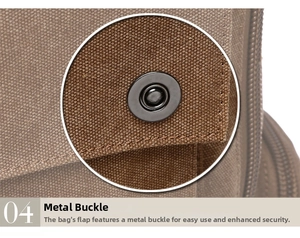 Detail of high-quality bronze canvas texture with a durable black metal press buckle