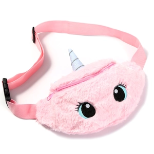 Detail of pink plush unicorn fanny pack with sequins and adjustable strap