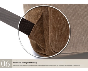 Detail of reinforced triangle stitching on brown canvas backpack shoulder straps