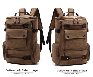 Detail view showing multi-pocket storage and durable brown canvas texture of this backpack