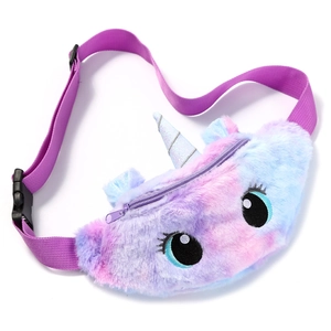 Close-up of soft purple and blue gradient plush texture on unicorn chest bag