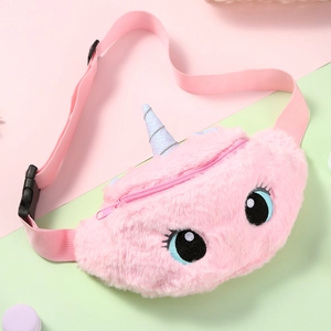 Detail of pink plush unicorn fanny pack with sequin horn and big eye embroidery