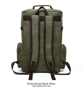 Rear view of army green canvas backpack featuring padded straps and side zipper pockets