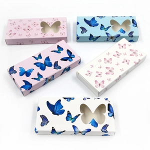 Detail of rectangular eyelash boxes featuring butterfly windows in assorted colors