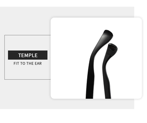 Detail of ergonomic black glasses temple with anti-slip texture for comfort