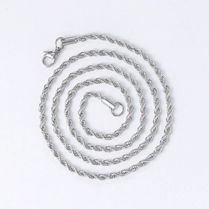 Detailed close-up of 3mm silver stainless steel twist chain with lobster clasp and ring