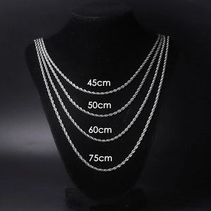 Silver stainless steel twisted rope chains in four lengths displayed on black velvet stand