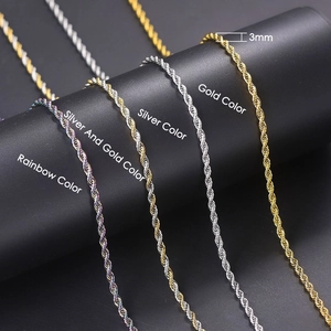 Detail of 3mm stainless steel twist rope chains in gold, silver and rainbow finishes