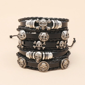 Handmade multilayer leather bracelet set with silver skull charms for Halloween