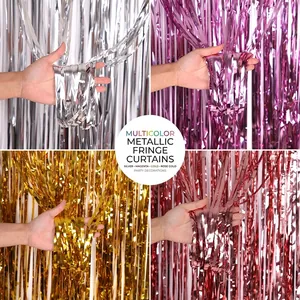 Detailed close-up of metallic foil fringe curtains in silver, gold, and rose gold colors