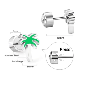 Detail of palm tree stud earrings showing stainless steel texture and press closure