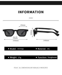 Detailed size chart for square frame sunglasses with lens width and arm length specs