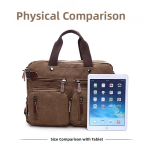 Brown canvas laptop bag size comparison showing spacious main compartment and pockets